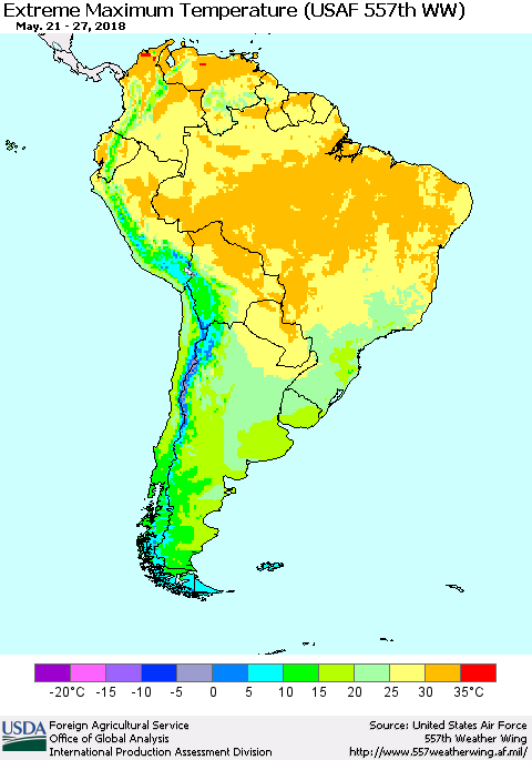 South America Maximum Daily Temperature (USAF 557th WW) Thematic Map For 5/21/2018 - 5/27/2018