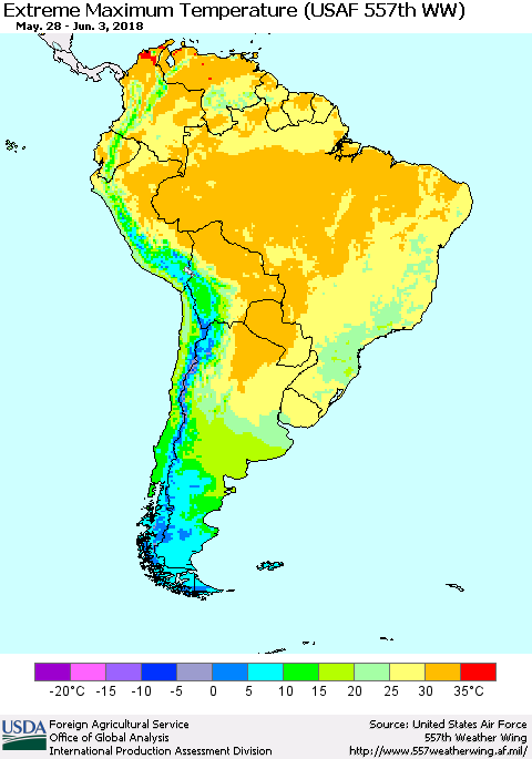 South America Maximum Daily Temperature (USAF 557th WW) Thematic Map For 5/28/2018 - 6/3/2018