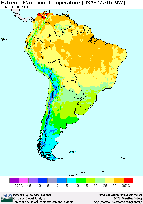 South America Maximum Daily Temperature (USAF 557th WW) Thematic Map For 6/4/2018 - 6/10/2018