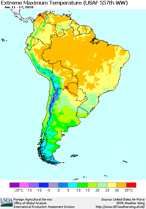 South America Maximum Daily Temperature (USAF 557th WW) Thematic Map For 6/11/2018 - 6/17/2018