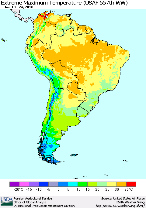 South America Maximum Daily Temperature (USAF 557th WW) Thematic Map For 6/18/2018 - 6/24/2018