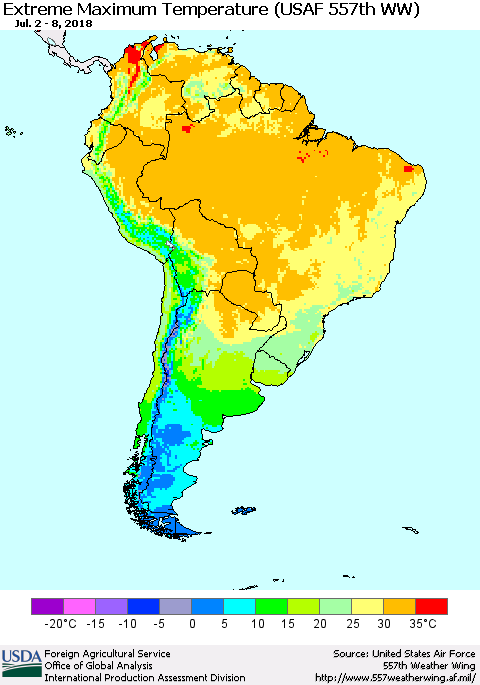 South America Maximum Daily Temperature (USAF 557th WW) Thematic Map For 7/2/2018 - 7/8/2018