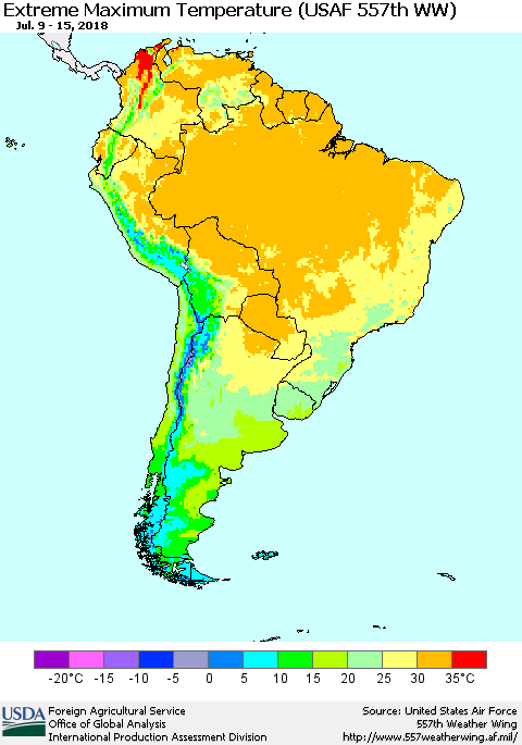 South America Maximum Daily Temperature (USAF 557th WW) Thematic Map For 7/9/2018 - 7/15/2018