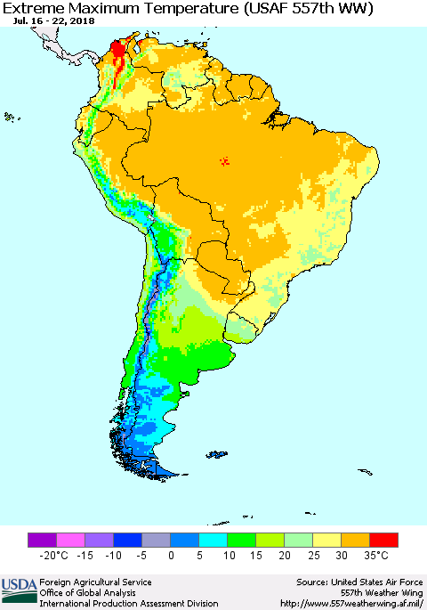 South America Maximum Daily Temperature (USAF 557th WW) Thematic Map For 7/16/2018 - 7/22/2018