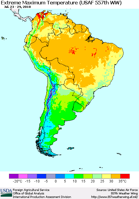 South America Maximum Daily Temperature (USAF 557th WW) Thematic Map For 7/23/2018 - 7/29/2018