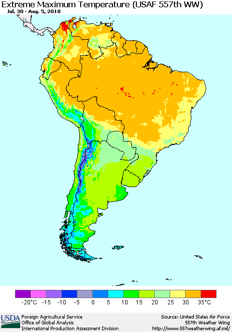 South America Maximum Daily Temperature (USAF 557th WW) Thematic Map For 7/30/2018 - 8/5/2018