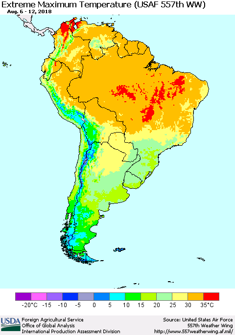 South America Maximum Daily Temperature (USAF 557th WW) Thematic Map For 8/6/2018 - 8/12/2018