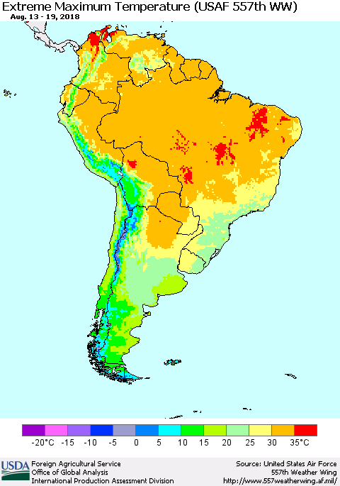 South America Maximum Daily Temperature (USAF 557th WW) Thematic Map For 8/13/2018 - 8/19/2018