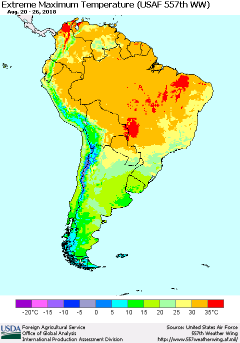 South America Maximum Daily Temperature (USAF 557th WW) Thematic Map For 8/20/2018 - 8/26/2018