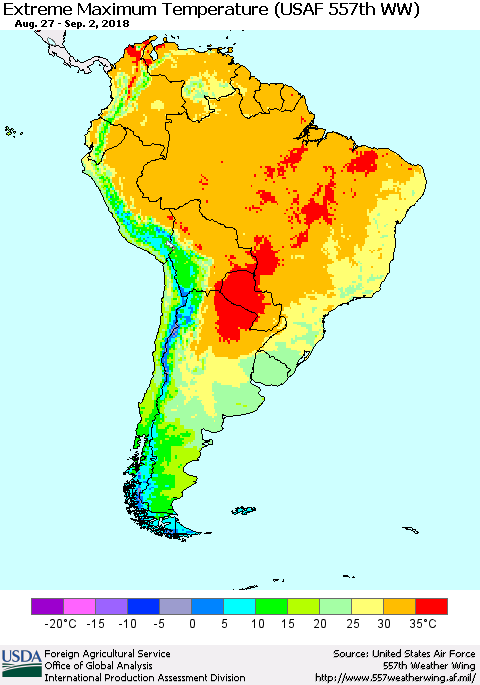 South America Maximum Daily Temperature (USAF 557th WW) Thematic Map For 8/27/2018 - 9/2/2018