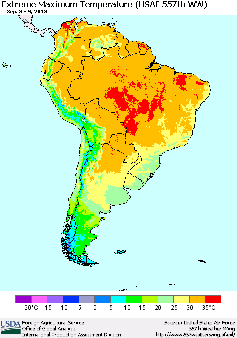 South America Maximum Daily Temperature (USAF 557th WW) Thematic Map For 9/3/2018 - 9/9/2018