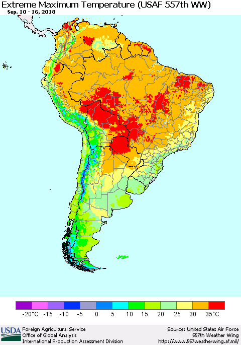 South America Maximum Daily Temperature (USAF 557th WW) Thematic Map For 9/10/2018 - 9/16/2018