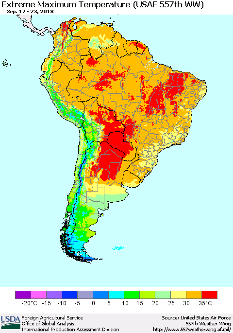 South America Maximum Daily Temperature (USAF 557th WW) Thematic Map For 9/17/2018 - 9/23/2018