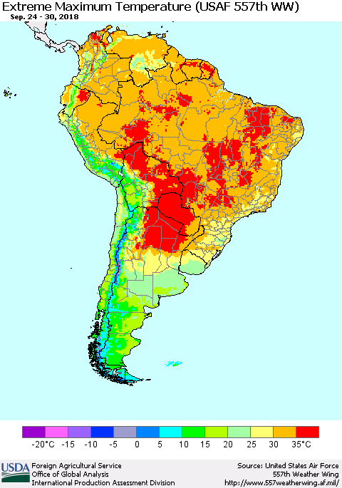 South America Maximum Daily Temperature (USAF 557th WW) Thematic Map For 9/24/2018 - 9/30/2018