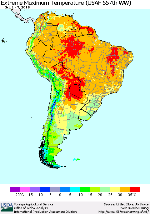 South America Maximum Daily Temperature (USAF 557th WW) Thematic Map For 10/1/2018 - 10/7/2018
