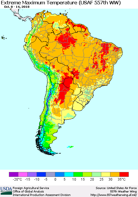 South America Maximum Daily Temperature (USAF 557th WW) Thematic Map For 10/8/2018 - 10/14/2018