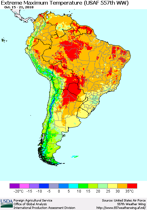 South America Maximum Daily Temperature (USAF 557th WW) Thematic Map For 10/15/2018 - 10/21/2018