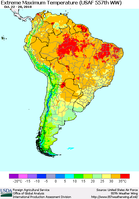 South America Maximum Daily Temperature (USAF 557th WW) Thematic Map For 10/22/2018 - 10/28/2018