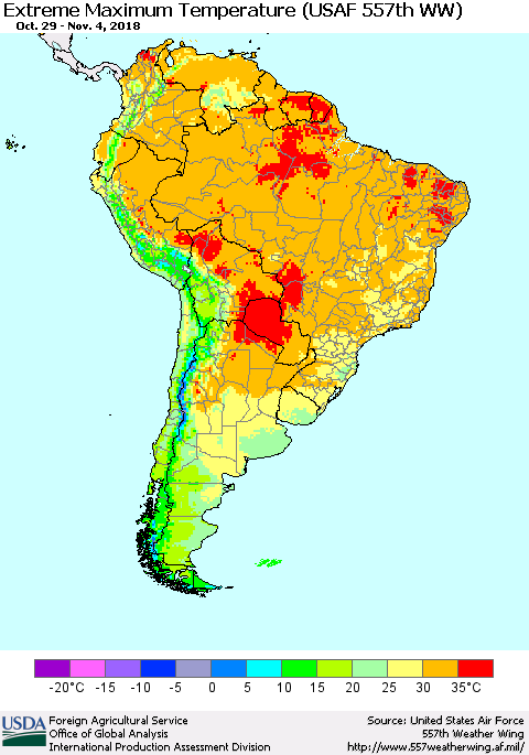 South America Maximum Daily Temperature (USAF 557th WW) Thematic Map For 10/29/2018 - 11/4/2018