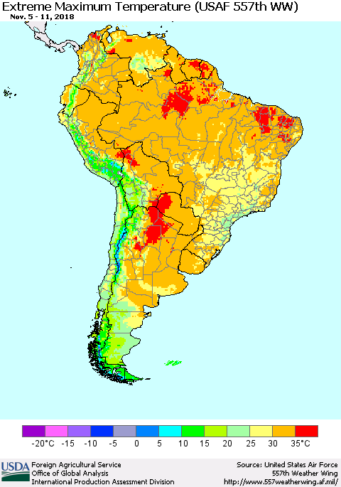South America Maximum Daily Temperature (USAF 557th WW) Thematic Map For 11/5/2018 - 11/11/2018