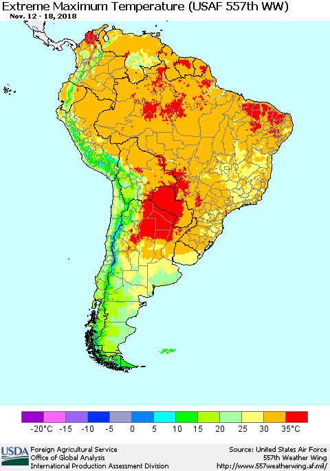 South America Maximum Daily Temperature (USAF 557th WW) Thematic Map For 11/12/2018 - 11/18/2018