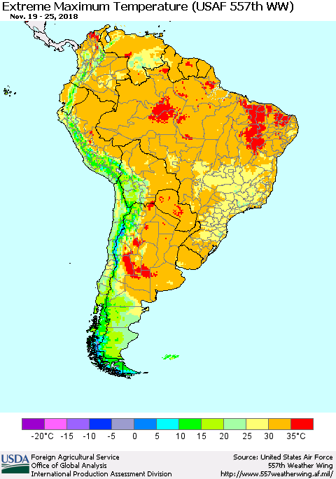 South America Maximum Daily Temperature (USAF 557th WW) Thematic Map For 11/19/2018 - 11/25/2018
