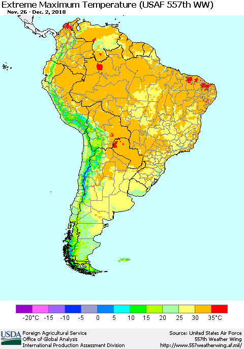 South America Maximum Daily Temperature (USAF 557th WW) Thematic Map For 11/26/2018 - 12/2/2018