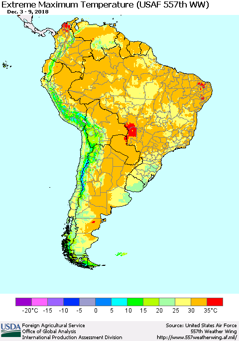 South America Maximum Daily Temperature (USAF 557th WW) Thematic Map For 12/3/2018 - 12/9/2018