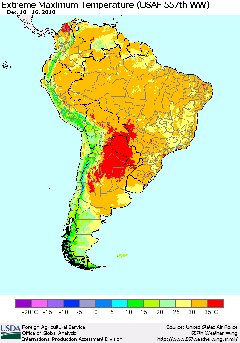 South America Maximum Daily Temperature (USAF 557th WW) Thematic Map For 12/10/2018 - 12/16/2018