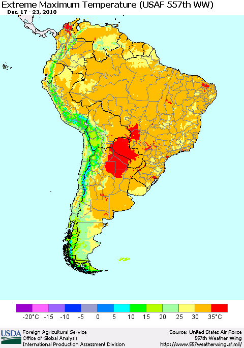 South America Maximum Daily Temperature (USAF 557th WW) Thematic Map For 12/17/2018 - 12/23/2018