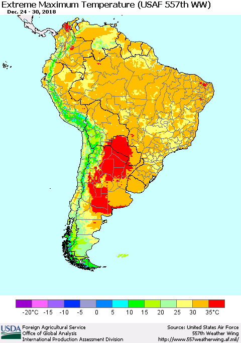 South America Maximum Daily Temperature (USAF 557th WW) Thematic Map For 12/24/2018 - 12/30/2018