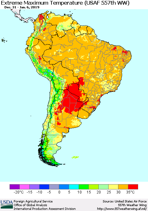 South America Maximum Daily Temperature (USAF 557th WW) Thematic Map For 12/31/2018 - 1/6/2019