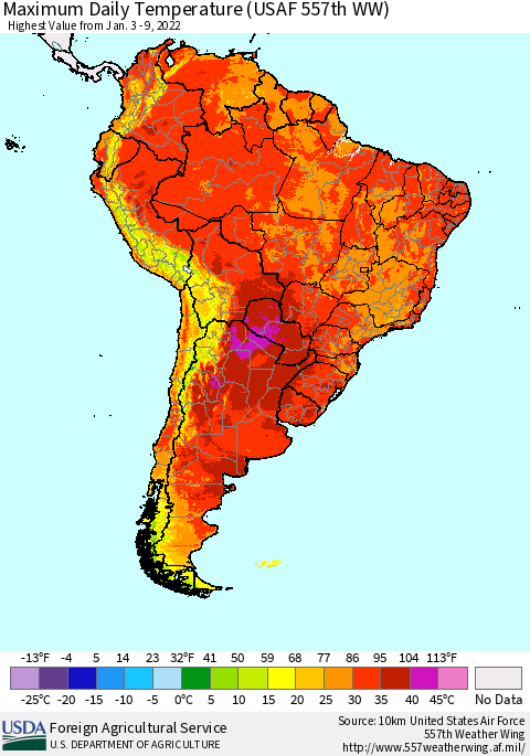 South America Maximum Daily Temperature (USAF 557th WW) Thematic Map For 1/3/2022 - 1/9/2022