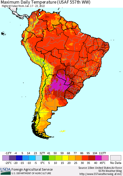 South America Maximum Daily Temperature (USAF 557th WW) Thematic Map For 1/17/2022 - 1/23/2022