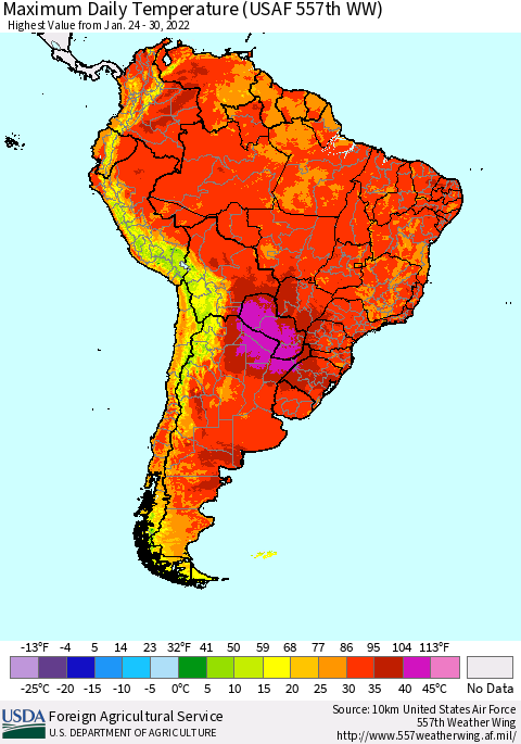 South America Maximum Daily Temperature (USAF 557th WW) Thematic Map For 1/24/2022 - 1/30/2022