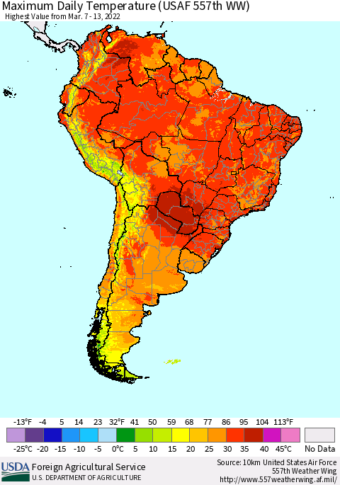 South America Maximum Daily Temperature (USAF 557th WW) Thematic Map For 3/7/2022 - 3/13/2022