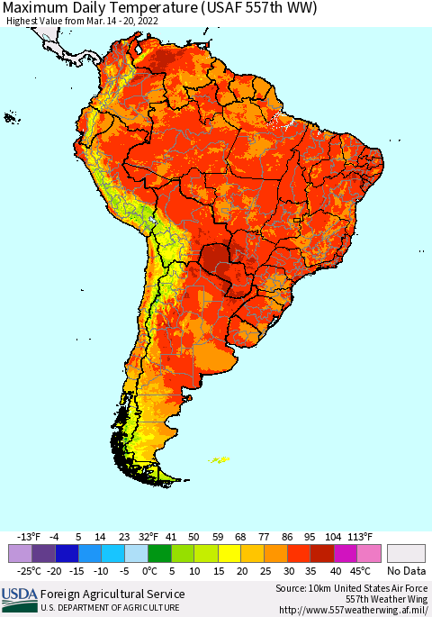 South America Maximum Daily Temperature (USAF 557th WW) Thematic Map For 3/14/2022 - 3/20/2022