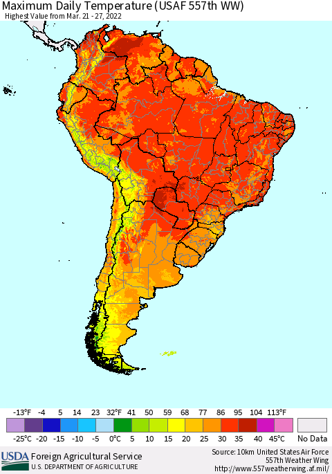 South America Maximum Daily Temperature (USAF 557th WW) Thematic Map For 3/21/2022 - 3/27/2022