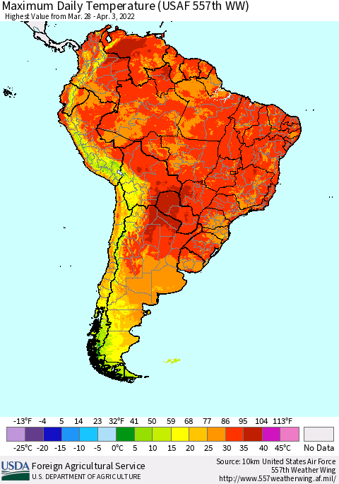 South America Maximum Daily Temperature (USAF 557th WW) Thematic Map For 3/28/2022 - 4/3/2022