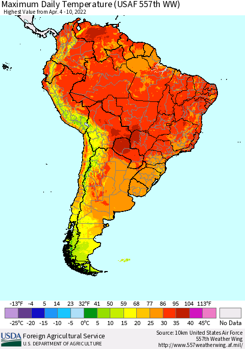 South America Maximum Daily Temperature (USAF 557th WW) Thematic Map For 4/4/2022 - 4/10/2022