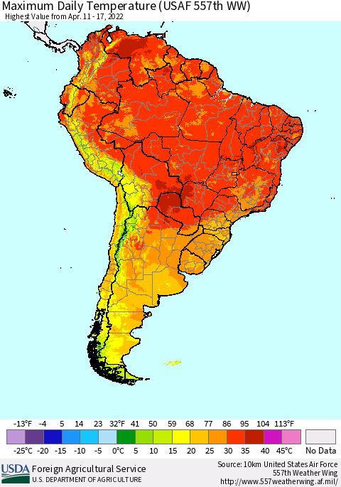 South America Maximum Daily Temperature (USAF 557th WW) Thematic Map For 4/11/2022 - 4/17/2022