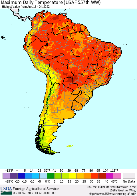 South America Maximum Daily Temperature (USAF 557th WW) Thematic Map For 4/18/2022 - 4/24/2022