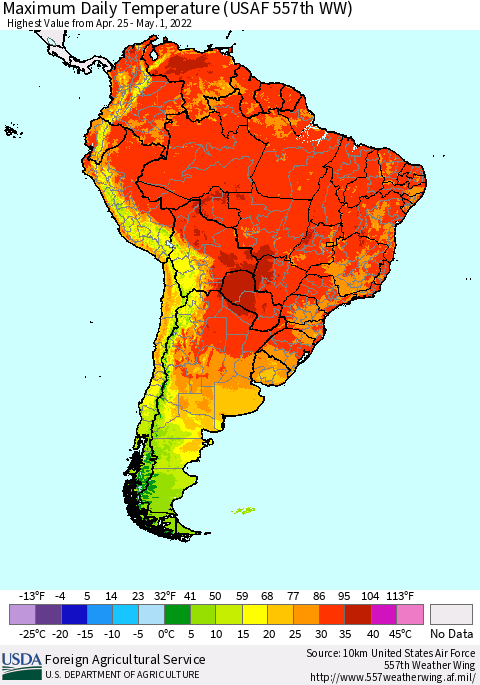 South America Maximum Daily Temperature (USAF 557th WW) Thematic Map For 4/25/2022 - 5/1/2022