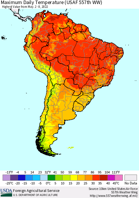 South America Maximum Daily Temperature (USAF 557th WW) Thematic Map For 5/2/2022 - 5/8/2022