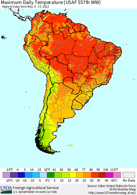South America Maximum Daily Temperature (USAF 557th WW) Thematic Map For 5/9/2022 - 5/15/2022
