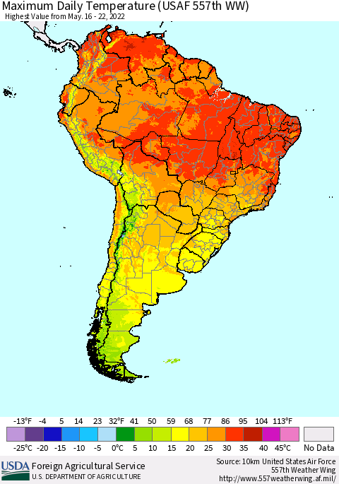 South America Maximum Daily Temperature (USAF 557th WW) Thematic Map For 5/16/2022 - 5/22/2022