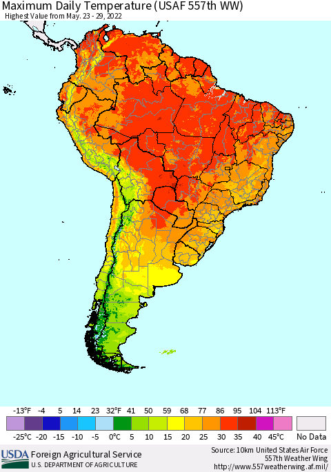 South America Maximum Daily Temperature (USAF 557th WW) Thematic Map For 5/23/2022 - 5/29/2022