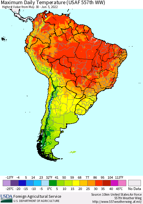 South America Maximum Daily Temperature (USAF 557th WW) Thematic Map For 5/30/2022 - 6/5/2022