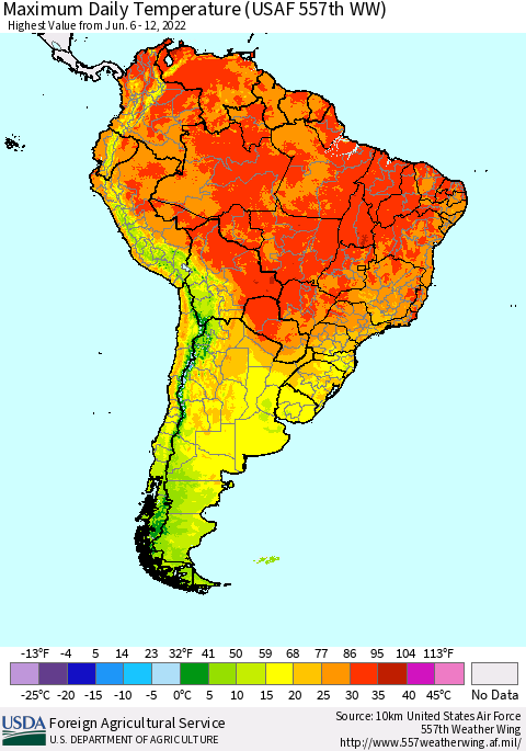 South America Maximum Daily Temperature (USAF 557th WW) Thematic Map For 6/6/2022 - 6/12/2022