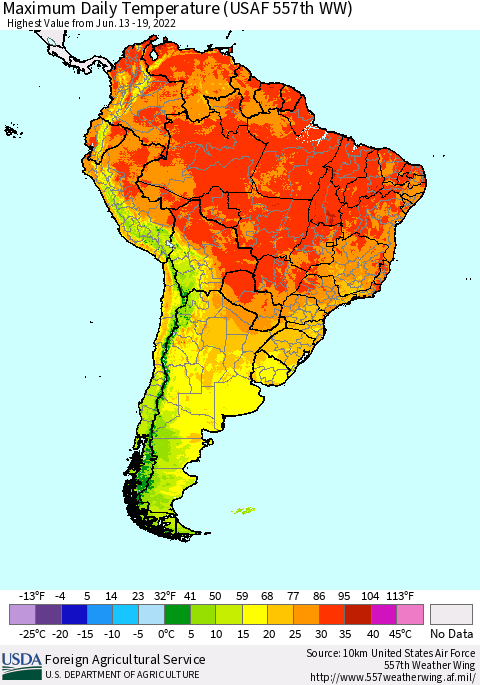 South America Maximum Daily Temperature (USAF 557th WW) Thematic Map For 6/13/2022 - 6/19/2022